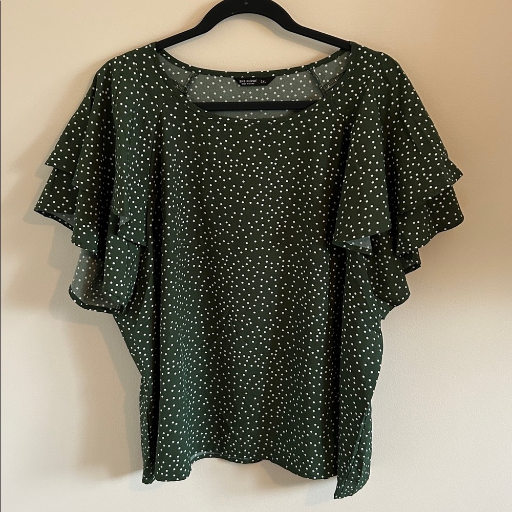 Plus - Green Polka Dot Ruffle Sleeve Top - 3X